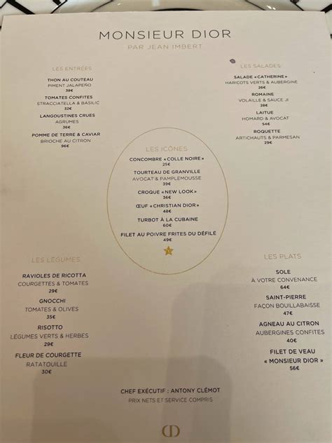 monsieur dior restaurant menu prix|christian dior gentleman suits.